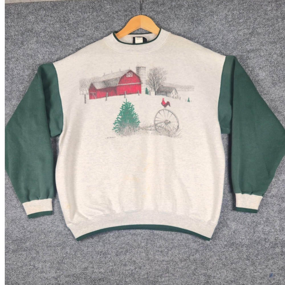 VTG Ultra Club Collection Mens‎ L Graphic Sweatshirt Farm Barn Rooster  *STAINS*